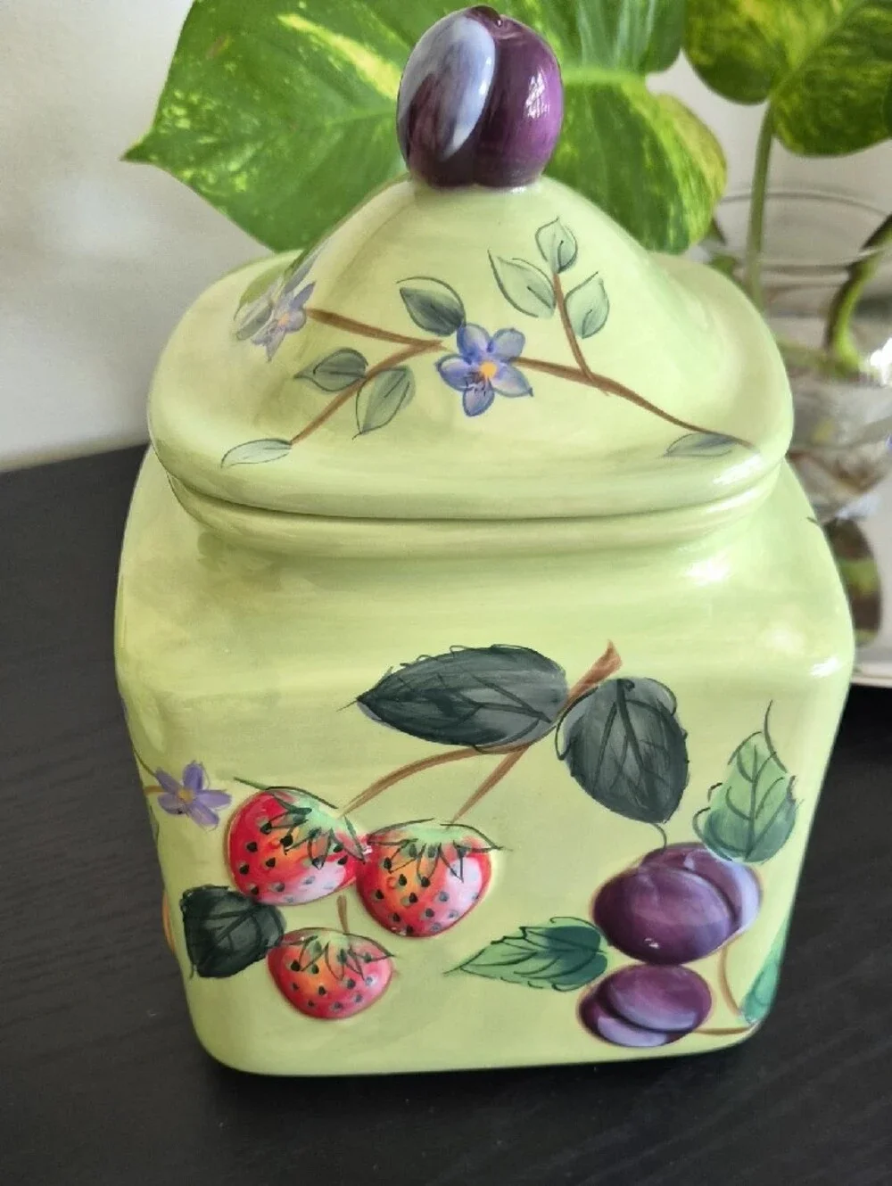 Vintage Hand-Painted Green Fruit Ceramic Canister Set Of 3